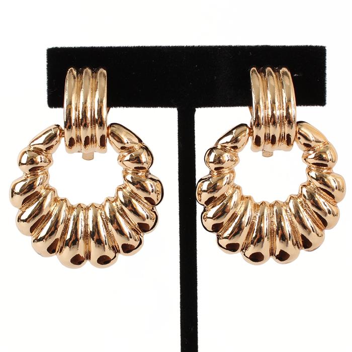 Clip on 2" gold dangle shell shaped hoop earrings