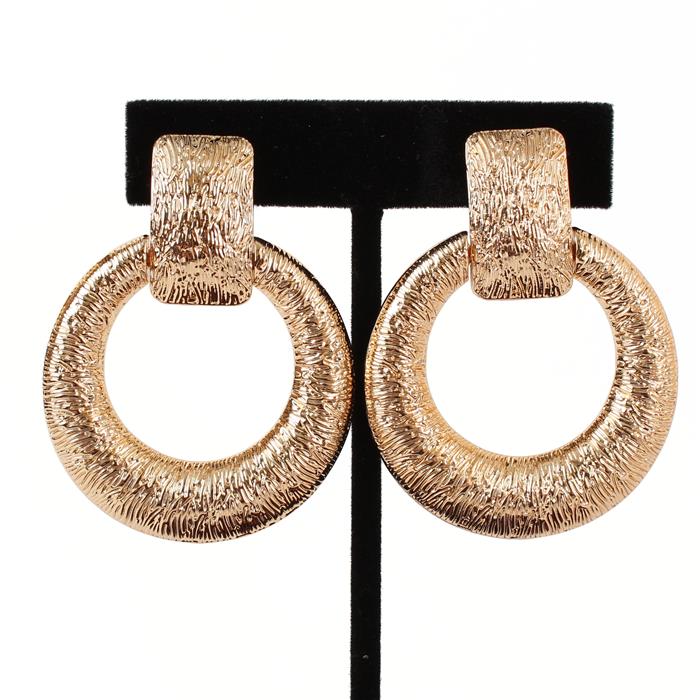 Clip on 2 1/4" gold textured dangle hoop earrings