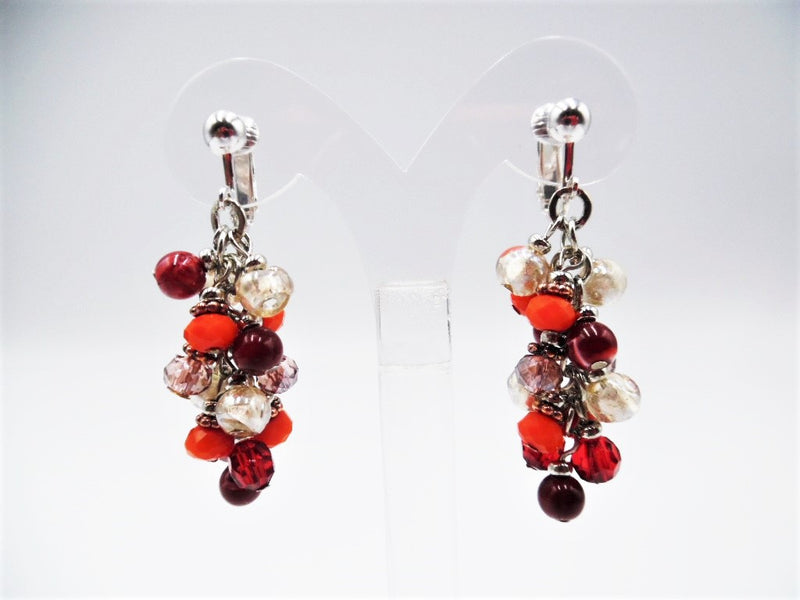 Clip on 2 1/4" silver, red, cream and burgundy bead cluster dangle earrings