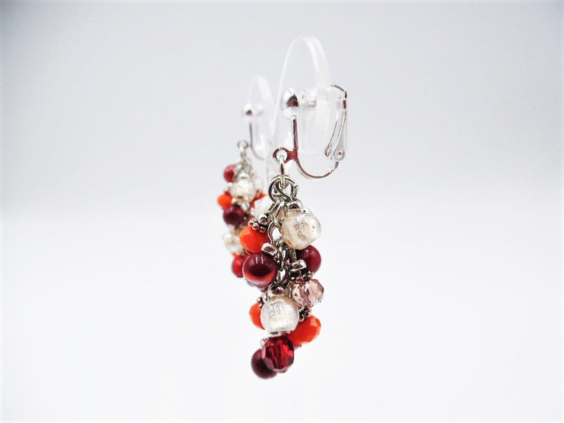 Clip on 2 1/4" silver, red, cream and burgundy bead cluster dangle earrings