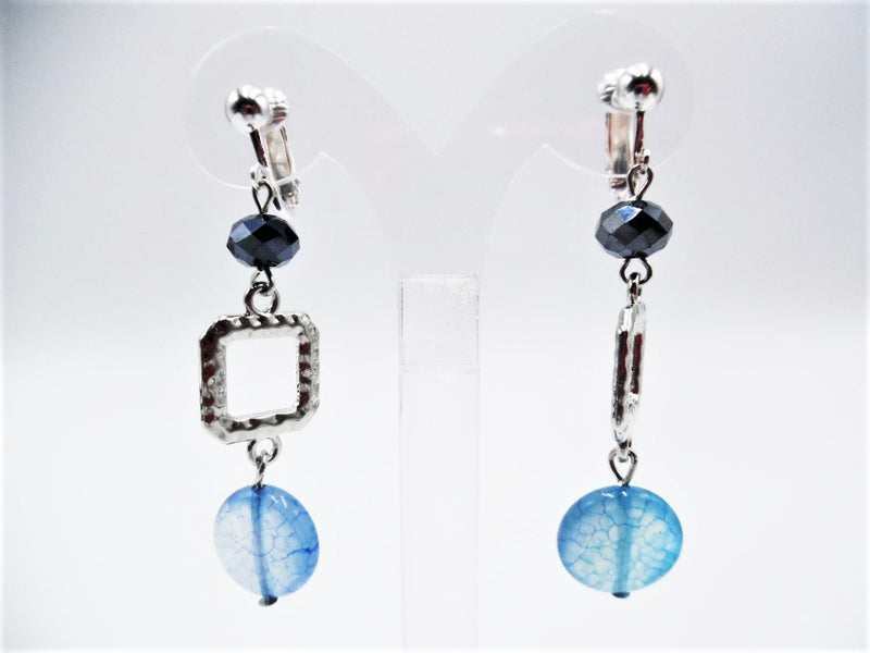 Clip on 2 1/4" hammered silver dangle blue bead and square earrings