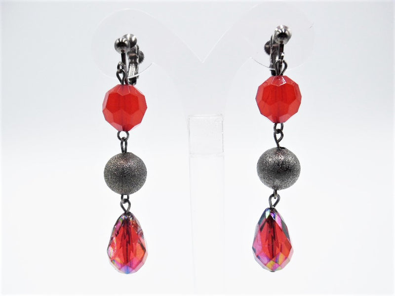 Clip on 2 3/4" long gunmetal and red bead dangle earrings