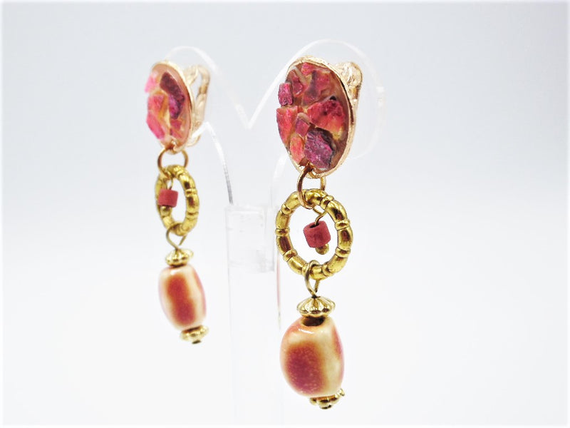 Unique 2 1/2" clip on gold broken stone dangle orange and brown bead earrings