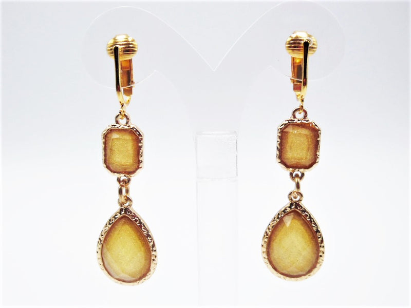 Clip on 1" gold indented edge clear stone round button style earrings