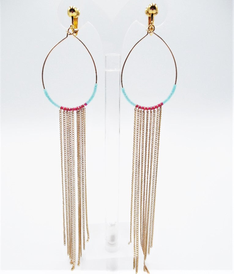 Clip on gold chain XL teardrop earrings with turquoise multi colored beads