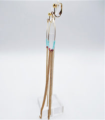 Clip on gold chain XL teardrop earrings with turquoise multi colored beads