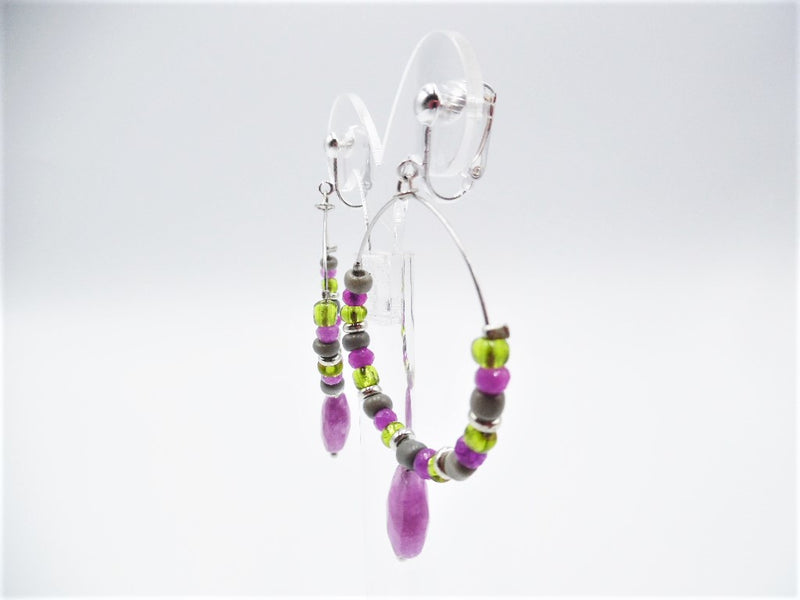 Clip on 2" silver wire hoop earrings with purple, pink, silver and green beads
