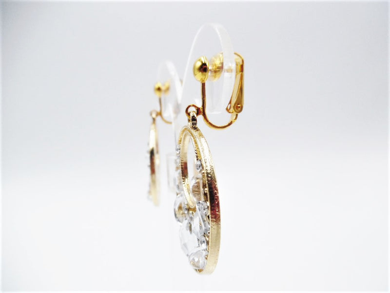 Clip on 2" gold and clear multi odd shaped stone cutout hoop earrings