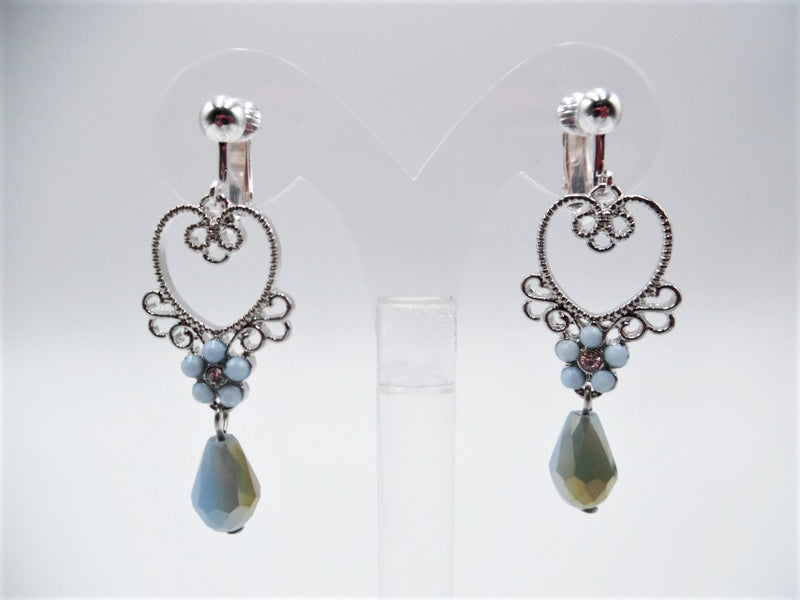 Clip on 2" silver and blue stone heart earrings with dangle blue bead