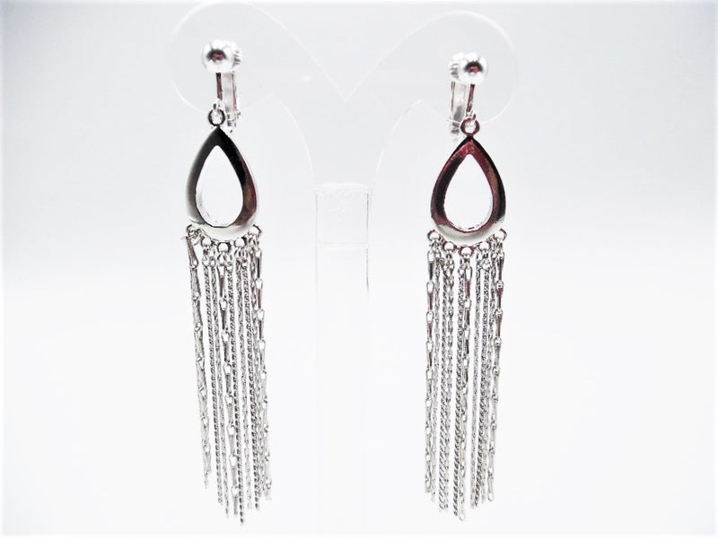 Clip on 3 1/2" long silver teardrop earrings with graduated silver chains
