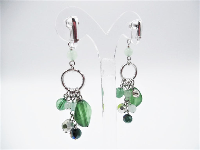 Clip on 3" long silver and green bead small hoop earrings