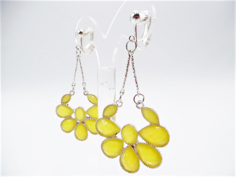 Clip on 3" silver earrings with dangle yellow nacre stone flower