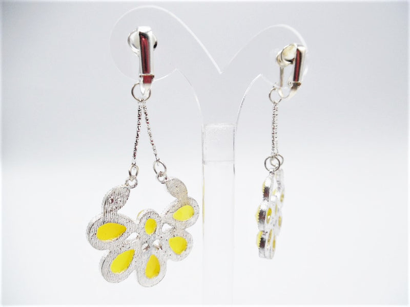 Clip on 3" silver earrings with dangle yellow nacre stone flower