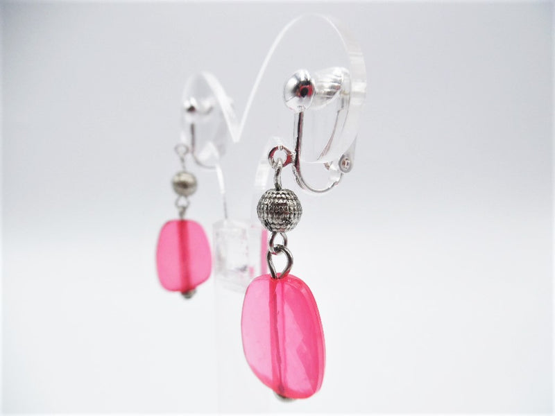 Clip on 2" silver earrings with dangle silver and pink bead