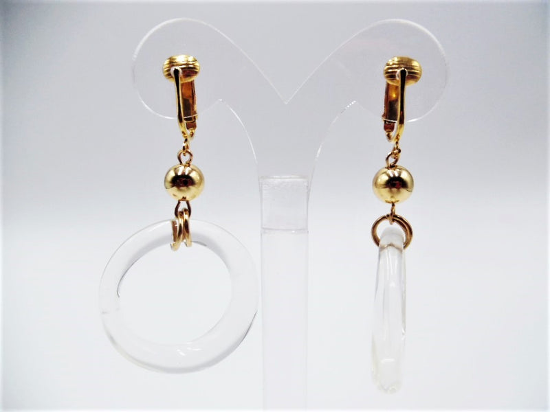 Trendy clip on 2" gold bead dangle clear hoop earrings