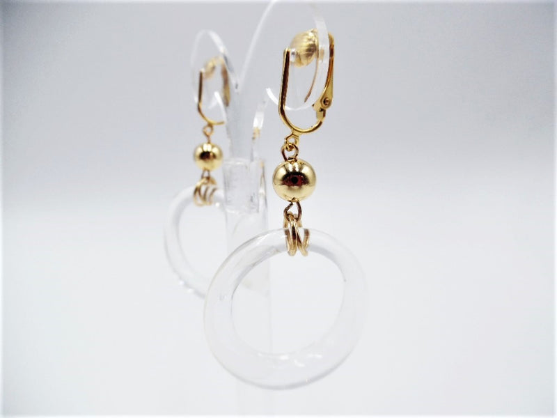 Trendy clip on 2" gold bead dangle clear hoop earrings