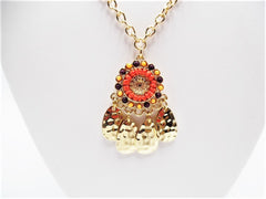 Clip on long gold and orange seed bead necklace set