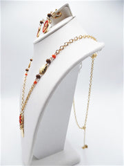 Clip on long gold and orange seed bead necklace set