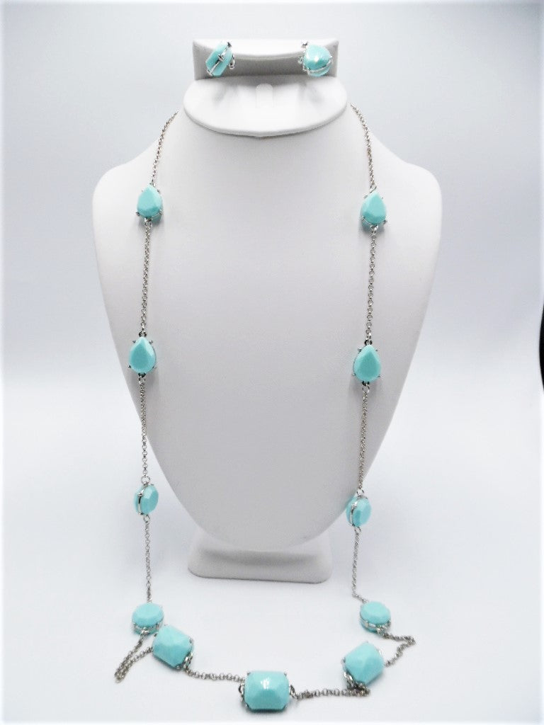 Clip on long silver chain and seafoam stone necklace and earring set