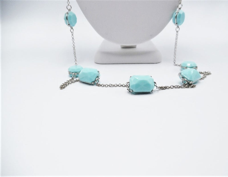 Clip on long silver chain and seafoam stone necklace and earring set
