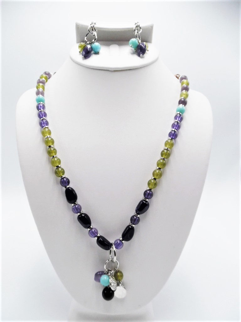 Clip on long purple multi colored beaded necklace set