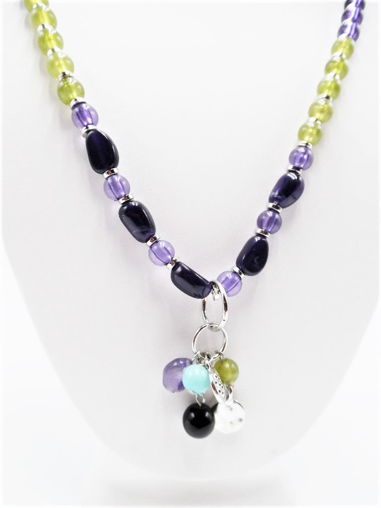 Clip on long purple multi colored beaded necklace set