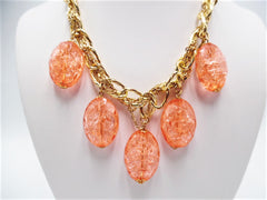 Clip on gold chain orange color crackle glass bead set