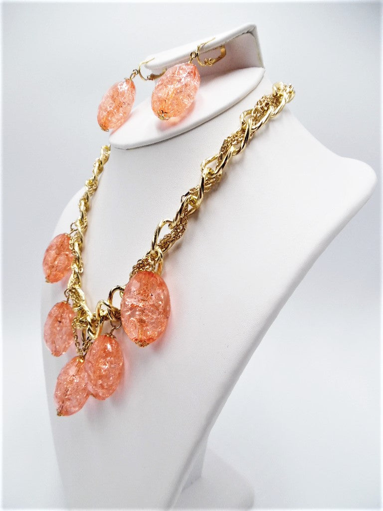 Clip on gold chain orange color crackle glass bead set