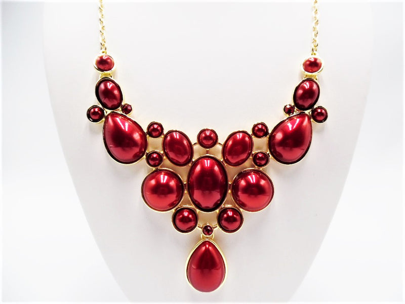 Gold and red pearl bead pierced statement necklace set
