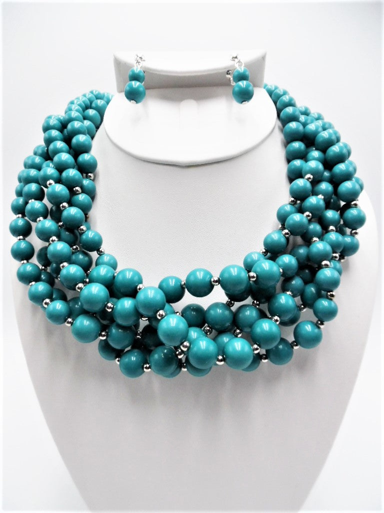 Clip on silver and turquoise twisted bead necklace set