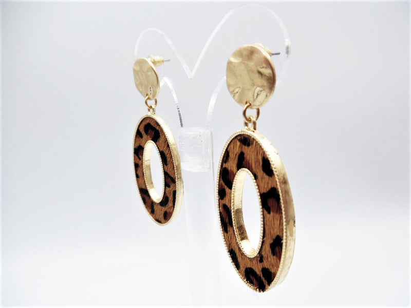 Pierced 2 1/4"gold, brown, black hairy animal print dangle oval hoop earrings