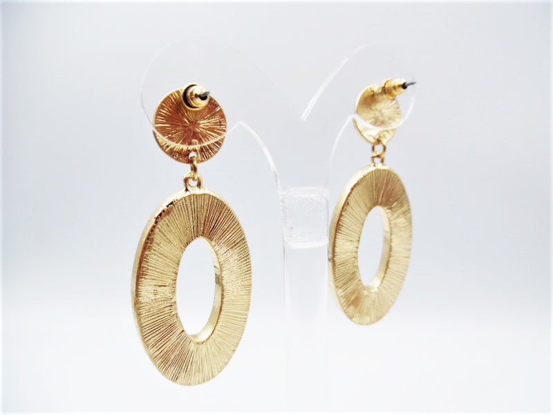 Pierced 2 1/4"gold, brown, black hairy animal print dangle oval hoop earrings