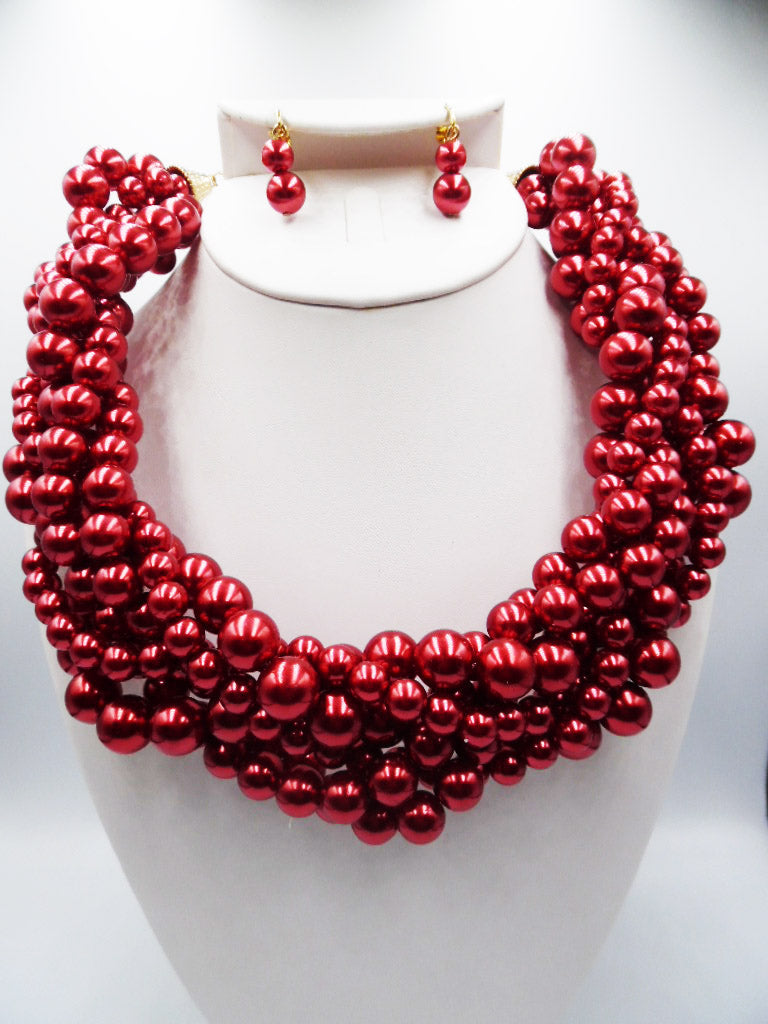Clip on gold chain shiny red braided necklace set