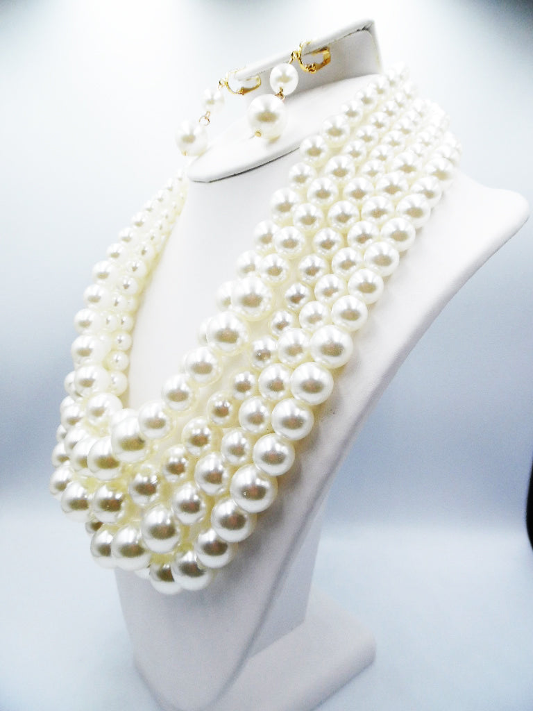 Clip on 5 layer gold chain white pearl necklace set