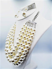 Clip on silver chain cream graduated pearl necklace set