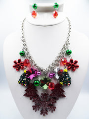 Clip on silver burgundy multi colored Christmas charm necklace set
