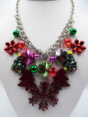 Clip on silver burgundy multi colored Christmas charm necklace set