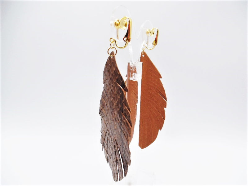 Clip on 4" gold and brown leather feather dangle earrings