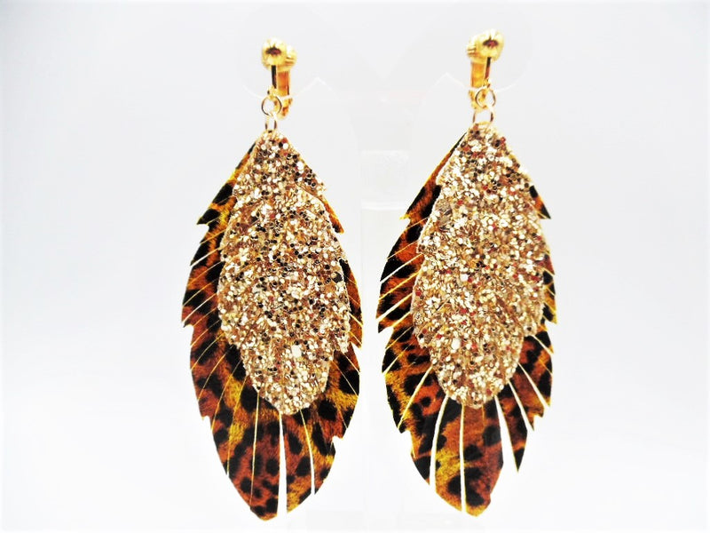 Clip on 4" gold glitter, black and brown leather layered leaf dangle earrings