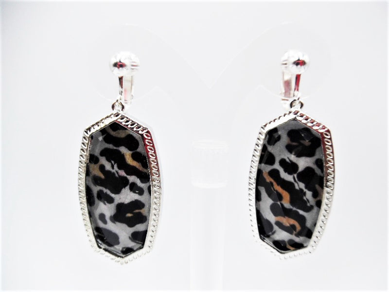 Clip on 2 1/4" silver, black and brown animal print dangle earrings