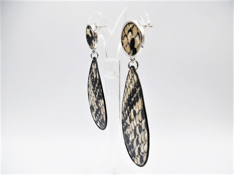 Pierced 3" silver, black,  and beige snake skin leather dangle teardrop earrings