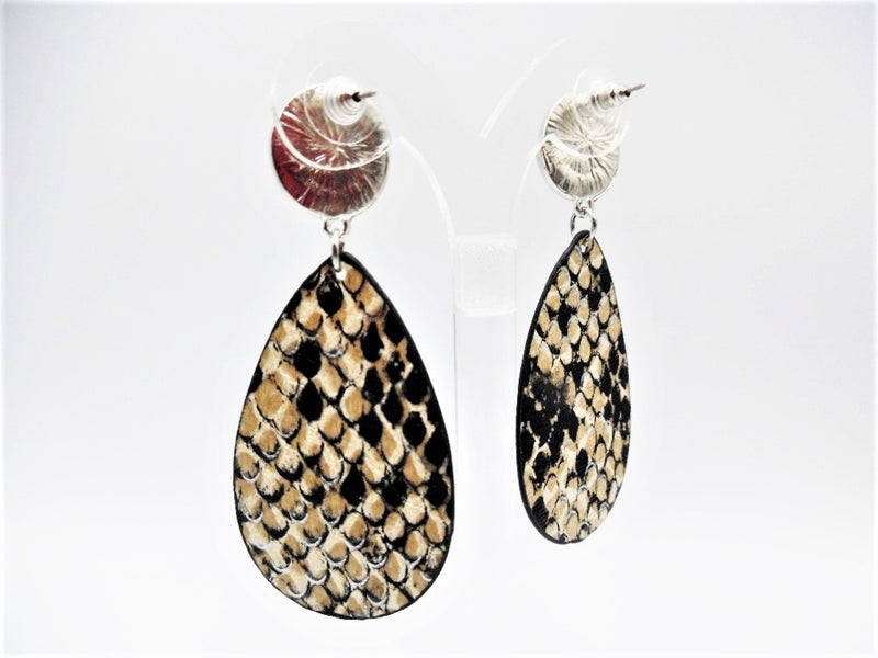 Pierced 3" silver, black,  and beige snake skin leather dangle teardrop earrings