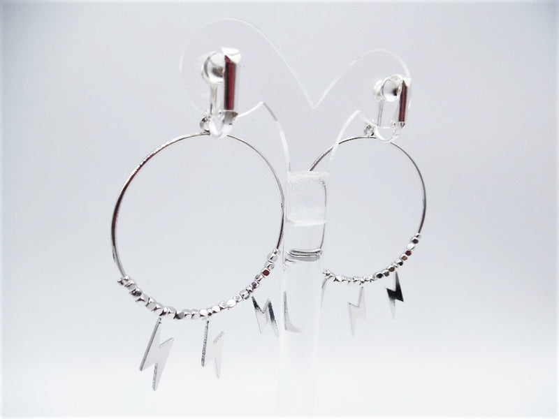 Clip on 2 3/4" silver bead hoop earrings with dangle zig zag pieces