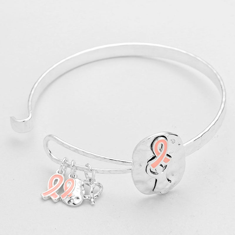 Silver hammered pink ribbon charm bangle bracelet