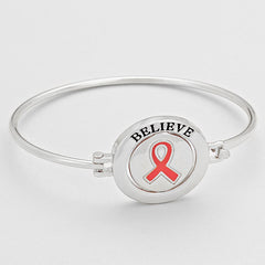 Silver bangle BELIEVE bracelet with rotating center pink ribbon