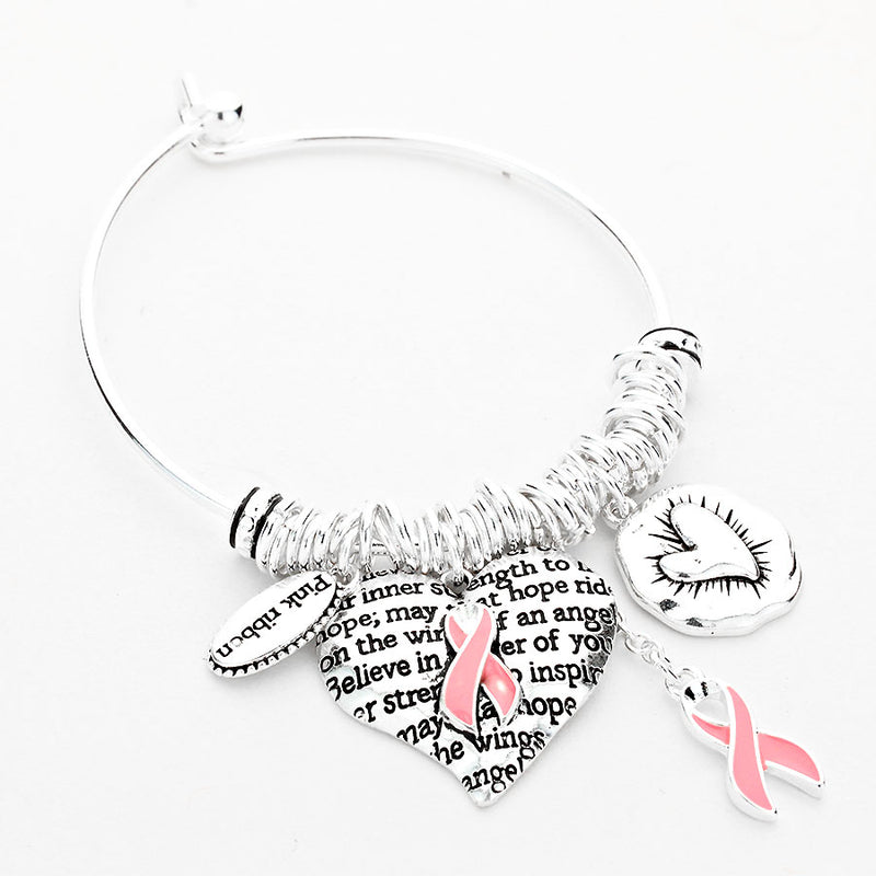 Silver pink ribbon heart charm bangle bracelet