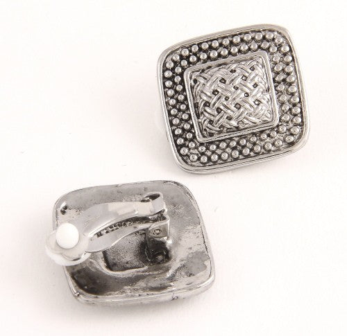 Vintage 1" clip on silver or gold textured square button style earrings