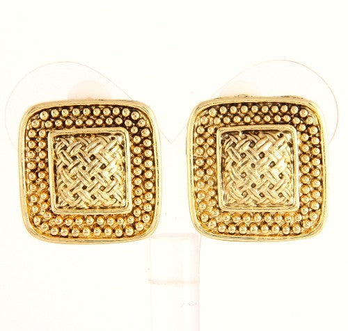 Vintage 1" clip on silver or gold textured square button style earrings