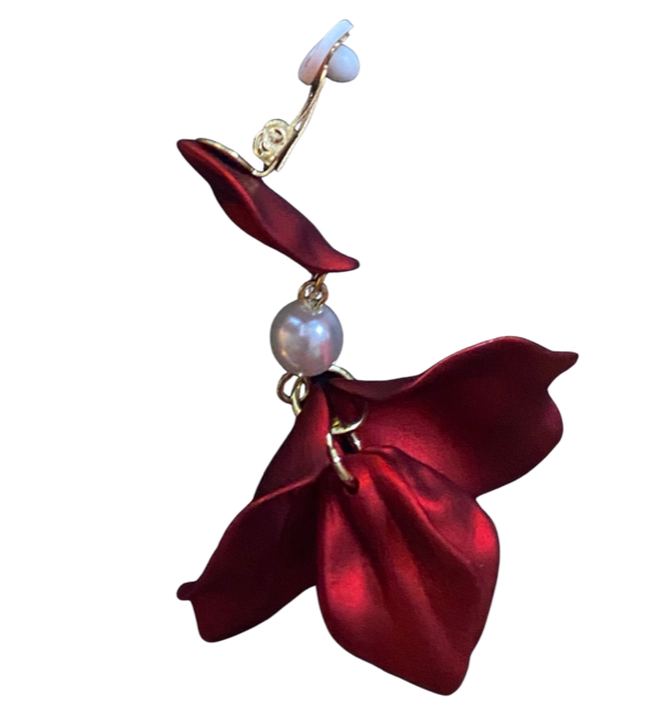 Classy clip on 3" long red petal dangle earrings with a center white pearl