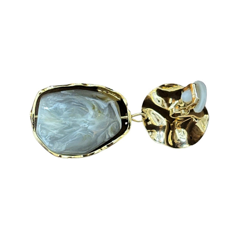 Trendy 2 1/4" clip on gold wrinkled top gray or cream stone dangle earrings